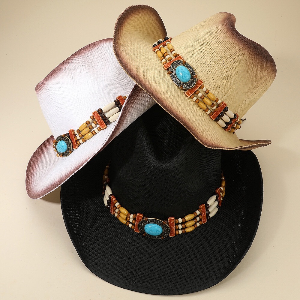 Boho Stone Beaded Band Western Straw Cowboy Fedora Hat
